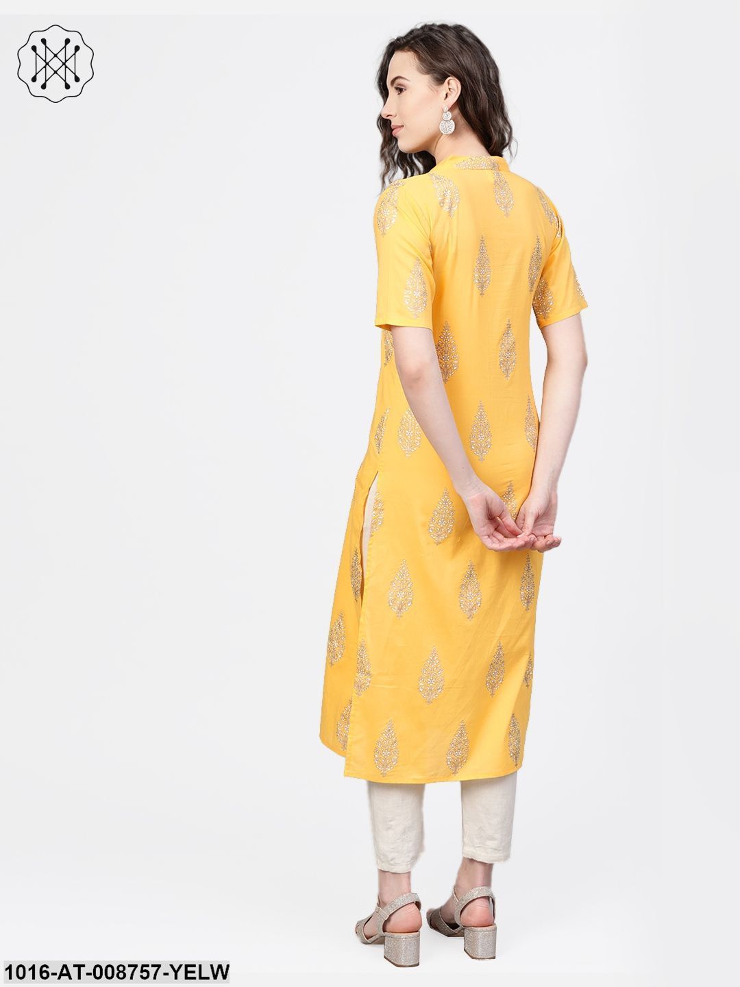 Yellow gold printed Kurta with Mandarin collar with half sleeves