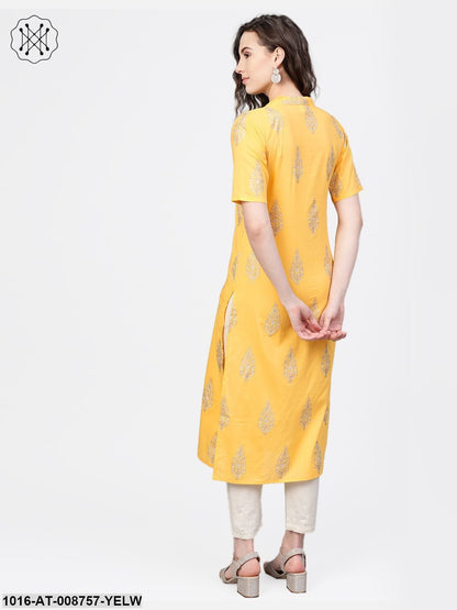 Yellow gold printed Kurta with Mandarin collar with half sleeves