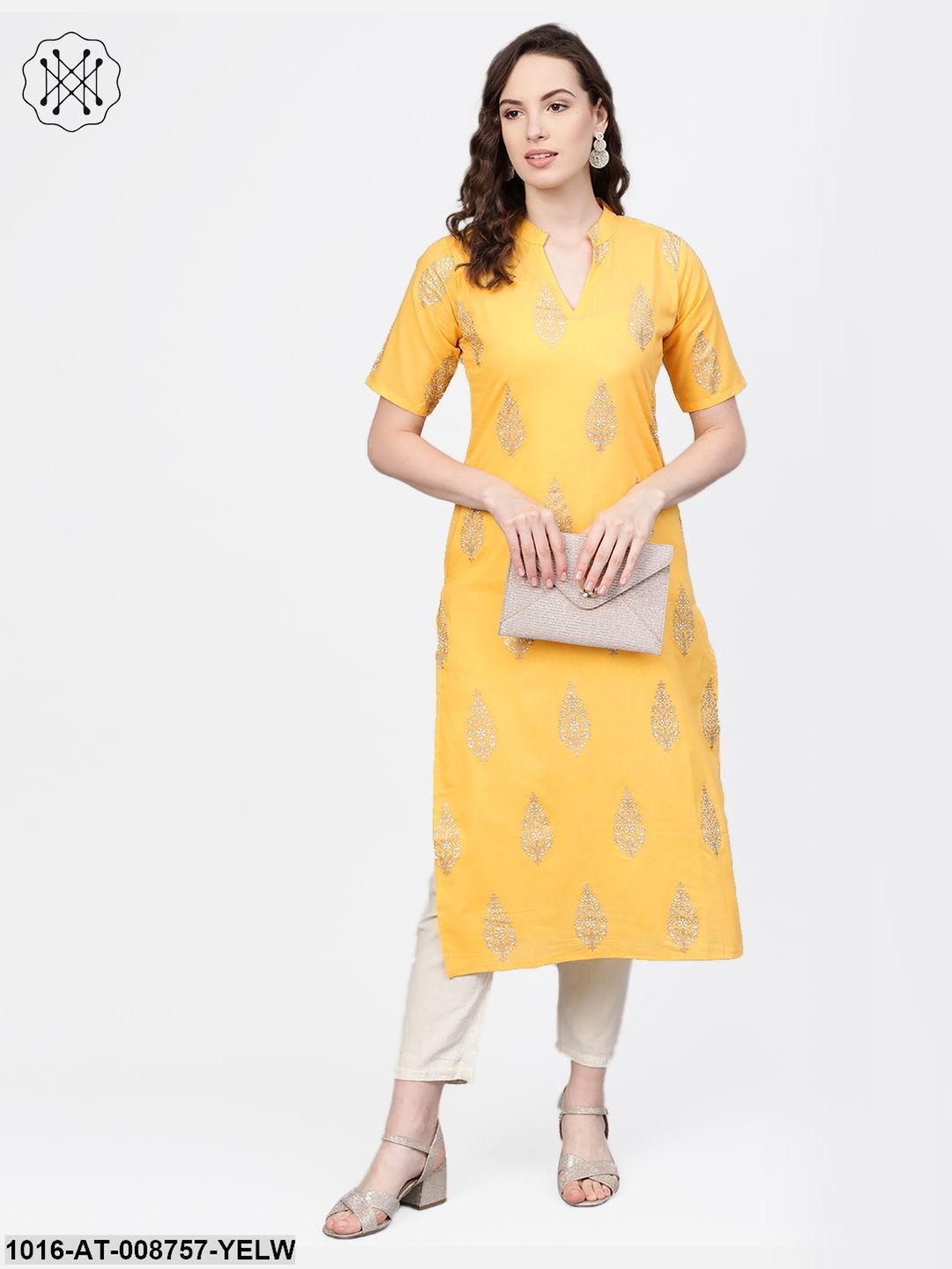 Yellow gold printed Kurta with Mandarin collar with half sleeves
