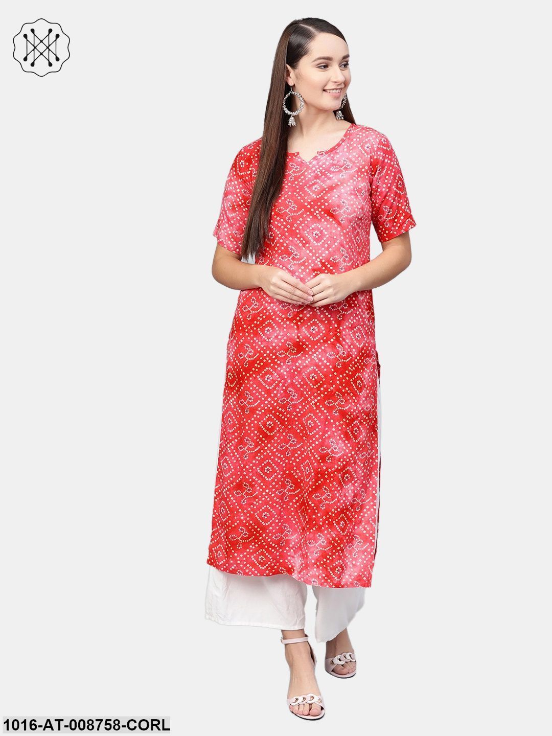 Coral Pink Bandhni Printed straight cotton Kurta