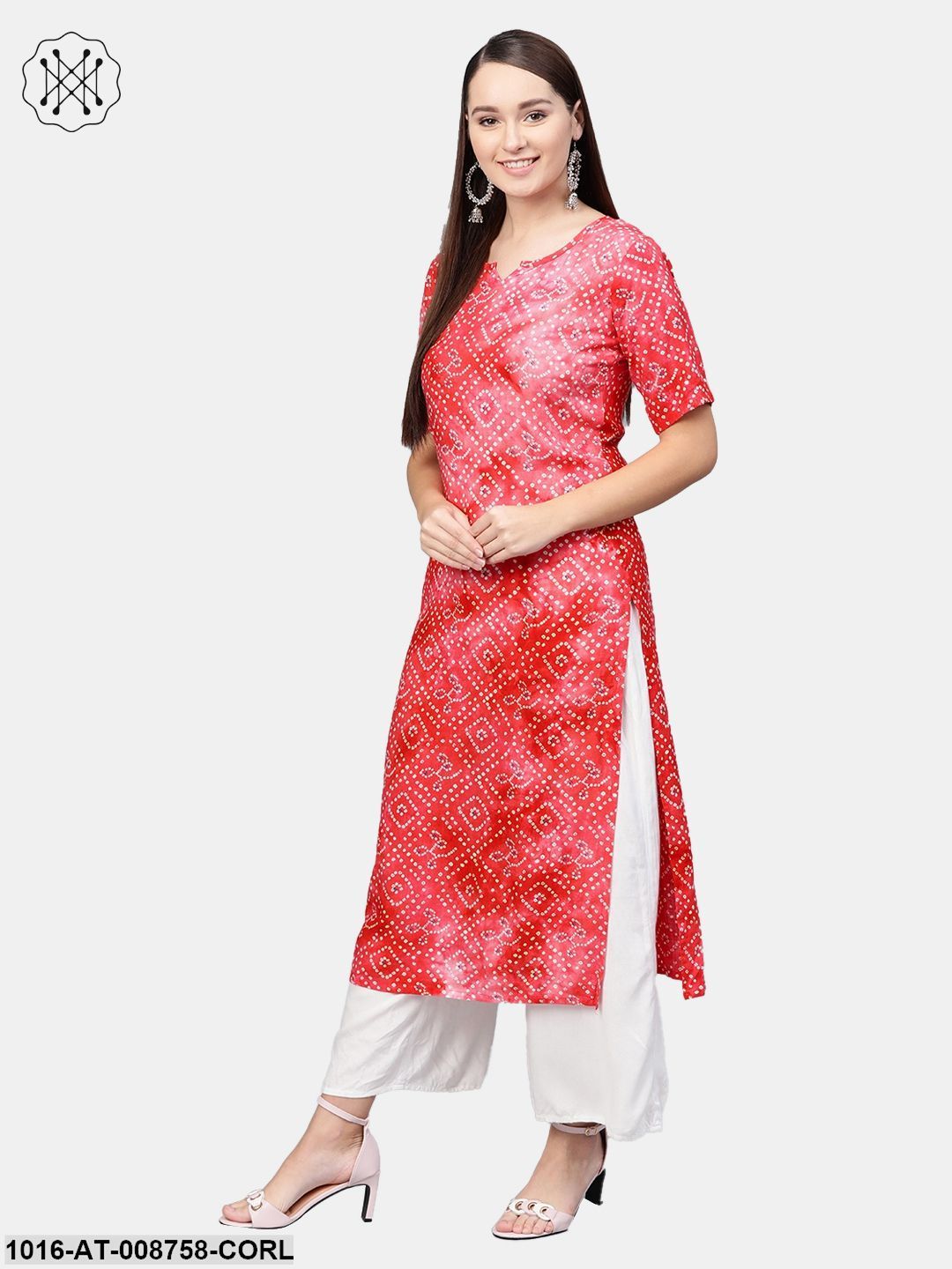 Coral Pink Bandhni Printed straight cotton Kurta