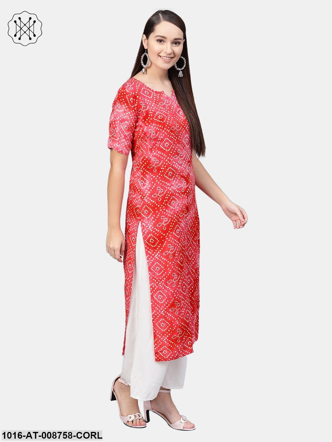 Coral Pink Bandhni Printed straight cotton Kurta