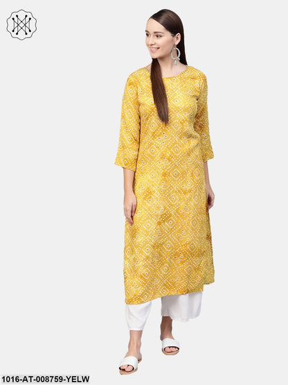 Yellow ochre Bandhni Straight kurta with Round neck & 3/4 sleeves