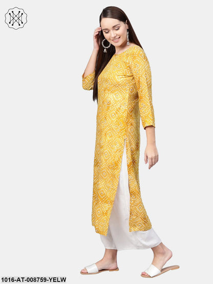Yellow ochre Bandhni Straight kurta with Round neck & 3/4 sleeves