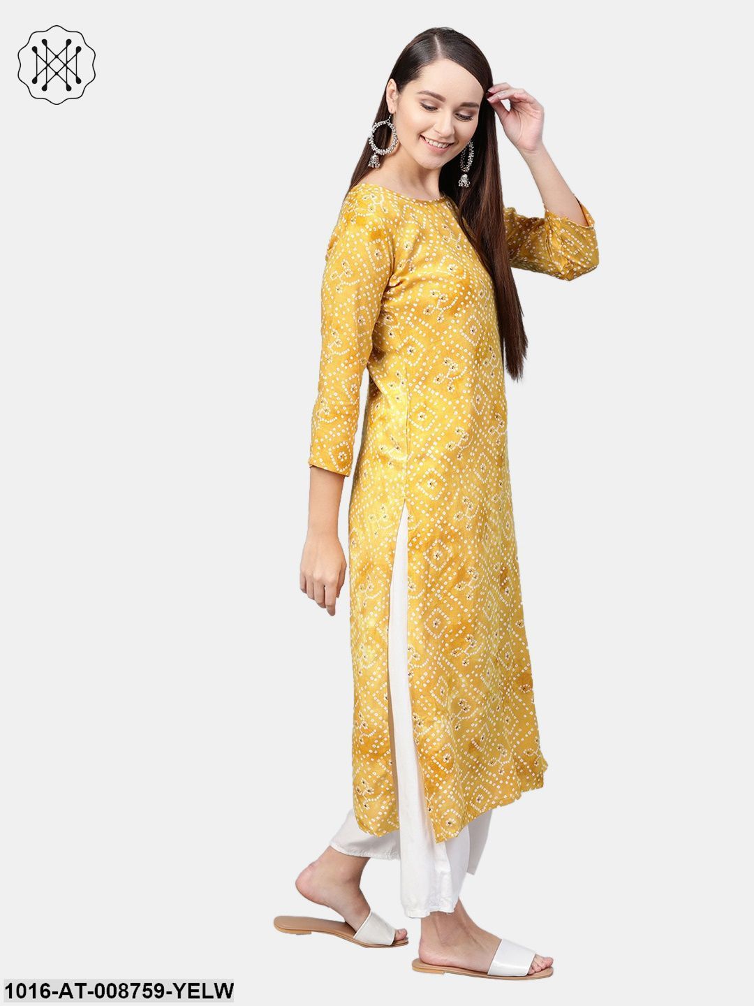 Yellow ochre Bandhni Straight kurta with Round neck & 3/4 sleeves