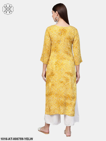 Yellow ochre Bandhni Straight kurta with Round neck & 3/4 sleeves
