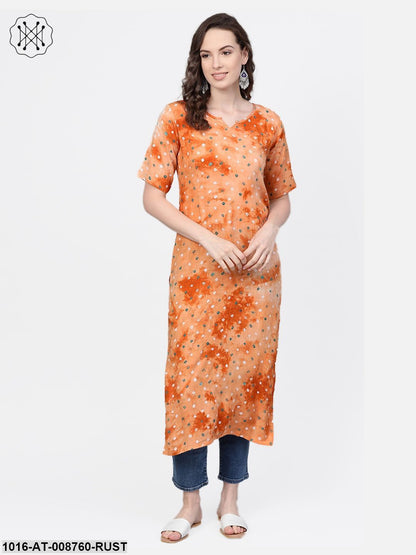 Rusty Orange Bandhni Straight kurta with Round neck & Half sleeves