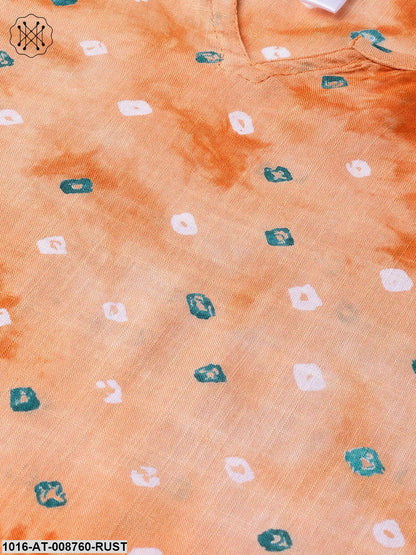 Rusty Orange Bandhni Straight kurta with Round neck & Half sleeves