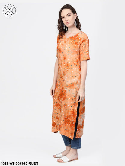 Rusty Orange Bandhni Straight kurta with Round neck & Half sleeves