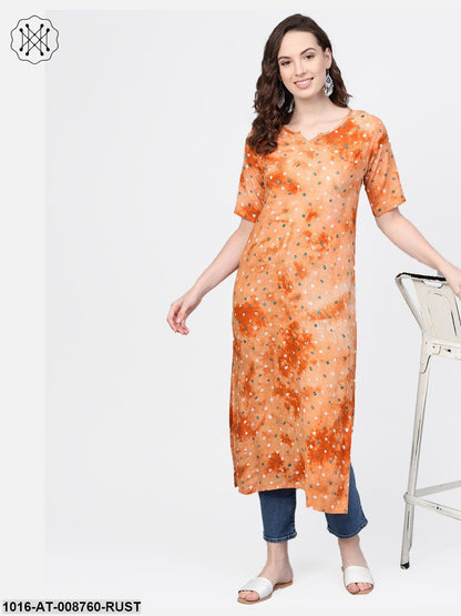 Rusty Orange Bandhni Straight kurta with Round neck & Half sleeves