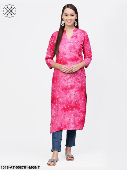 Magenta Bandhni Kurta with Mandarin collar with 3/4 sleeves