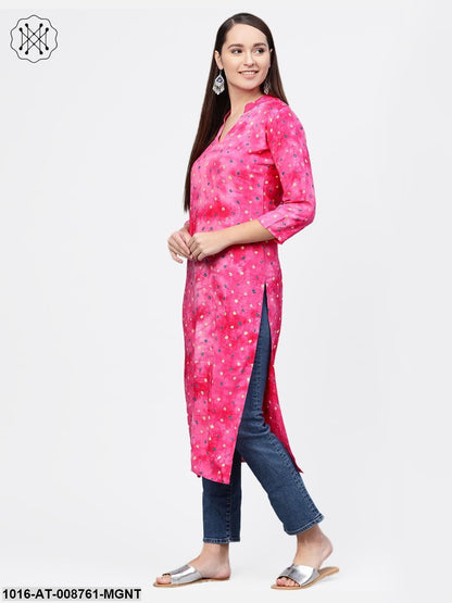 Magenta Bandhni Kurta with Mandarin collar with 3/4 sleeves