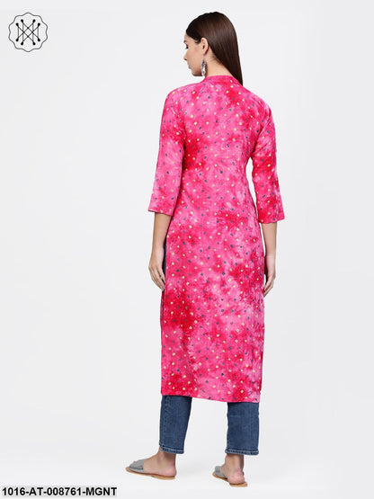 Magenta Bandhni Kurta with Mandarin collar with 3/4 sleeves