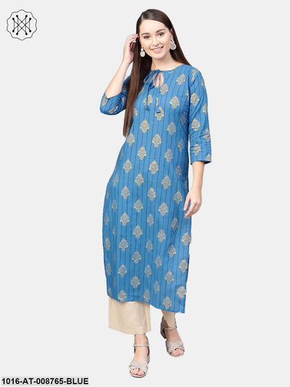 Cobalt blue Gold printed Straight kurta with Keyhole neck & 3/4 sleeves