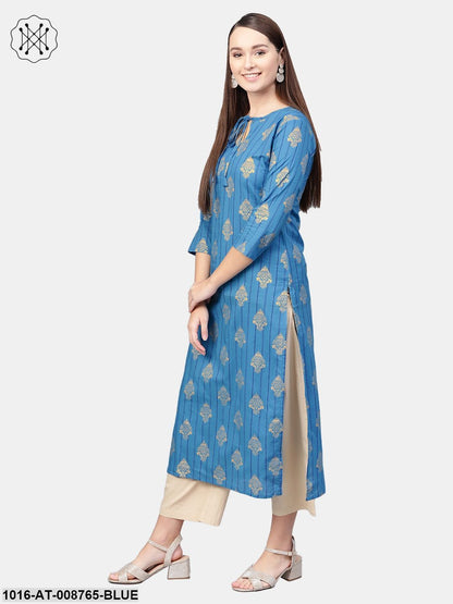Cobalt blue Gold printed Straight kurta with Keyhole neck & 3/4 sleeves