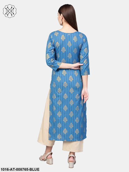 Cobalt blue Gold printed Straight kurta with Keyhole neck & 3/4 sleeves