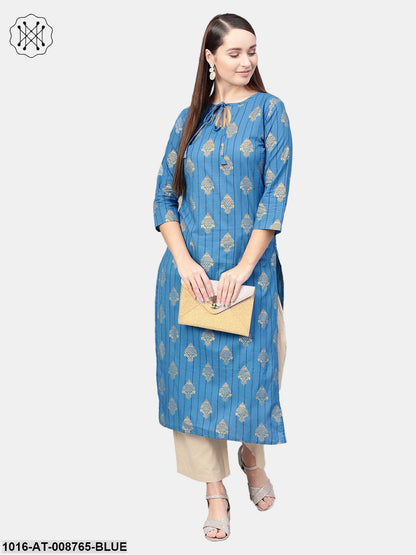 Cobalt blue Gold printed Straight kurta with Keyhole neck & 3/4 sleeves