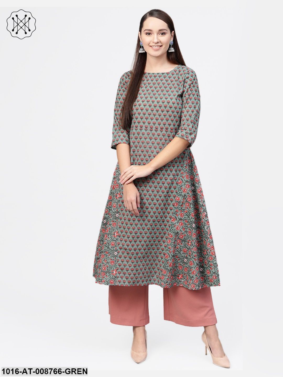 Sage green Floral Printed A-line kurta with Boat Neck & 3/4 sleeves
