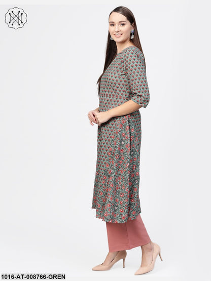 Sage green Floral Printed A-line kurta with Boat Neck & 3/4 sleeves