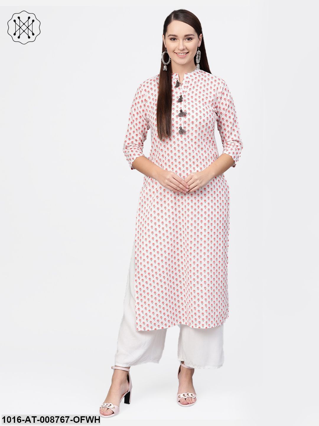 Off-white & pink Printed straight kurta with Mandarin Collar with detailed placket & 3/4 sleeves