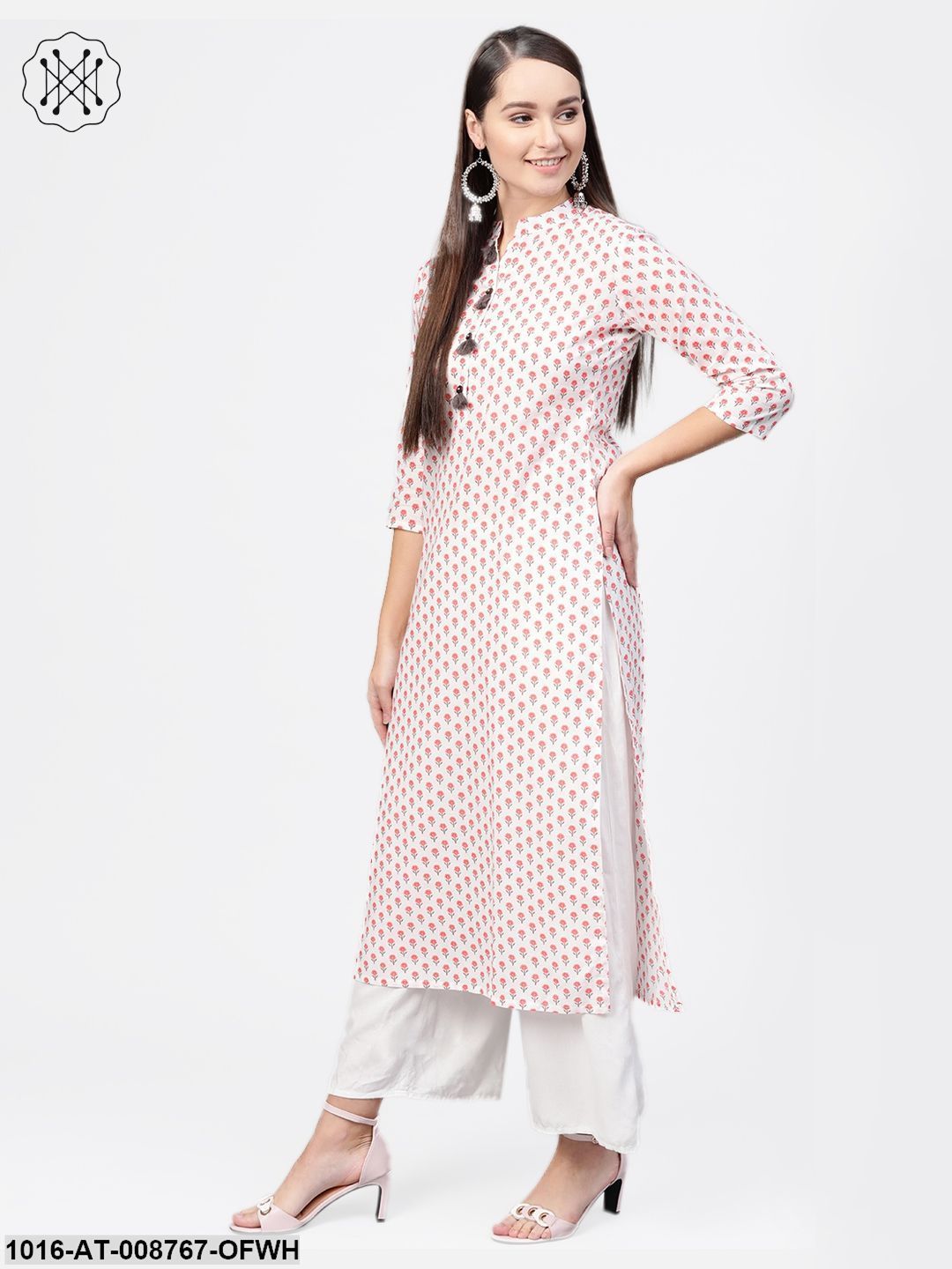 Off-white & pink Printed straight kurta with Mandarin Collar with detailed placket & 3/4 sleeves