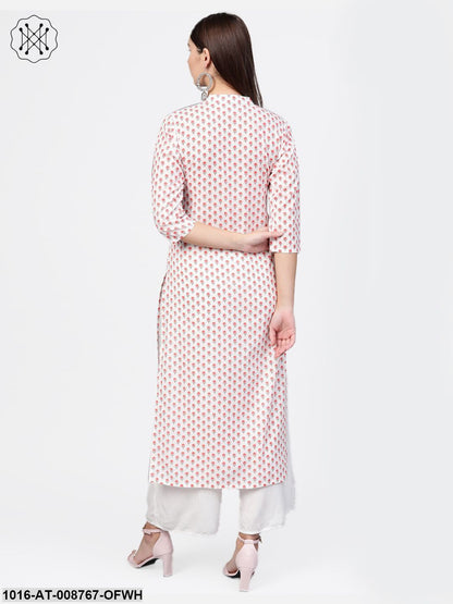 Off-white & pink Printed straight kurta with Mandarin Collar with detailed placket & 3/4 sleeves