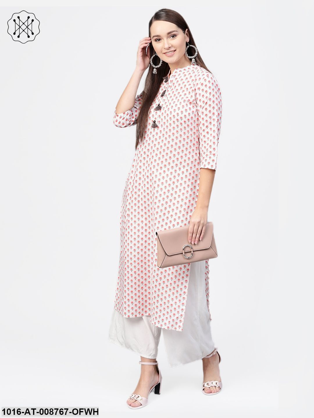 Off-white & pink Printed straight kurta with Mandarin Collar with detailed placket & 3/4 sleeves