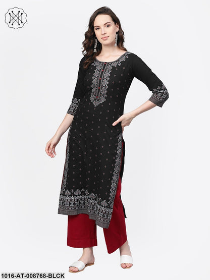 Black & White printed Straight Kurta with Round neck & 3/4 sleeves