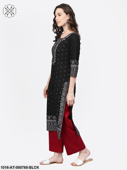 Black & White printed Straight Kurta with Round neck & 3/4 sleeves