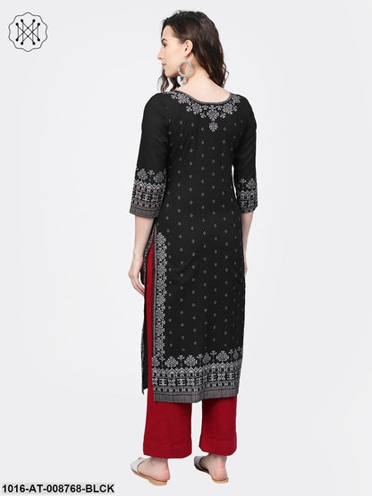 Black & White printed Straight Kurta with Round neck & 3/4 sleeves