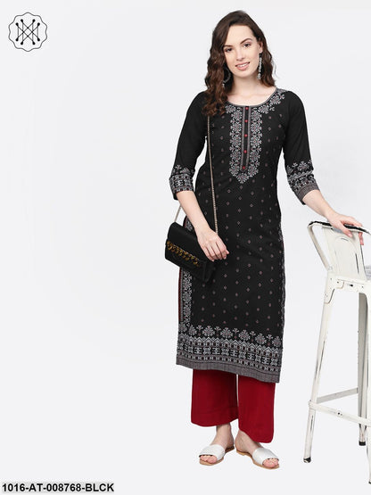 Black & White printed Straight Kurta with Round neck & 3/4 sleeves