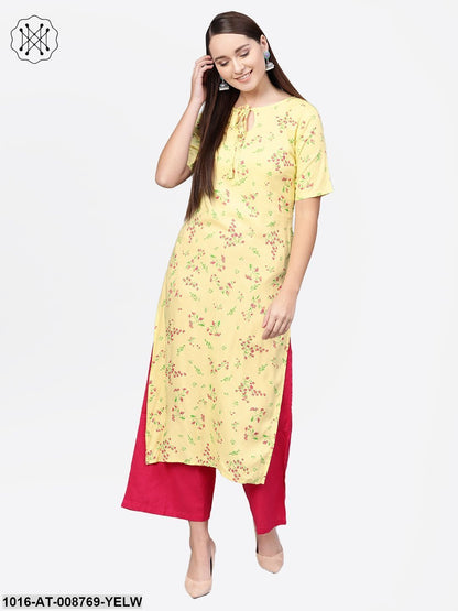 Light Yellow Multi coloured Floral printed Straight kurta with Keyhole neck & half sleeves