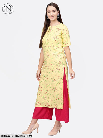 Light Yellow Multi coloured Floral printed Straight kurta with Keyhole neck & half sleeves