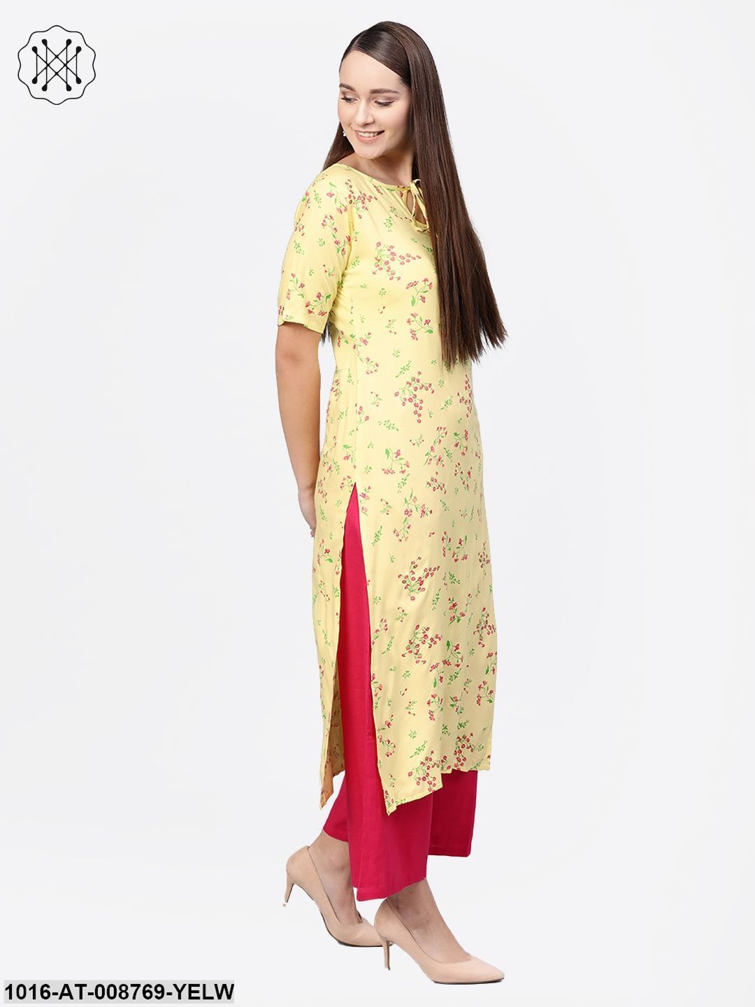 Light Yellow Multi coloured Floral printed Straight kurta with Keyhole neck & half sleeves