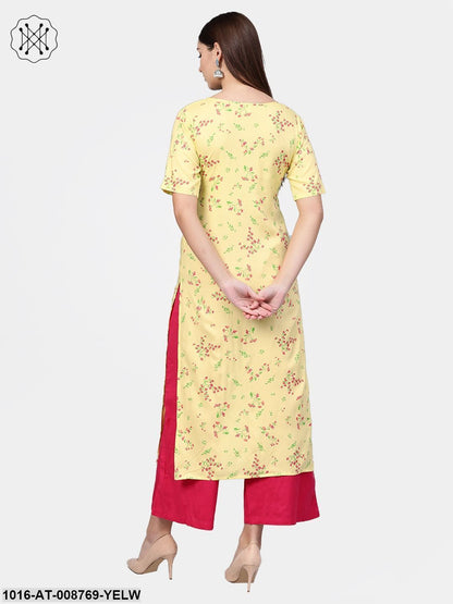 Light Yellow Multi coloured Floral printed Straight kurta with Keyhole neck & half sleeves