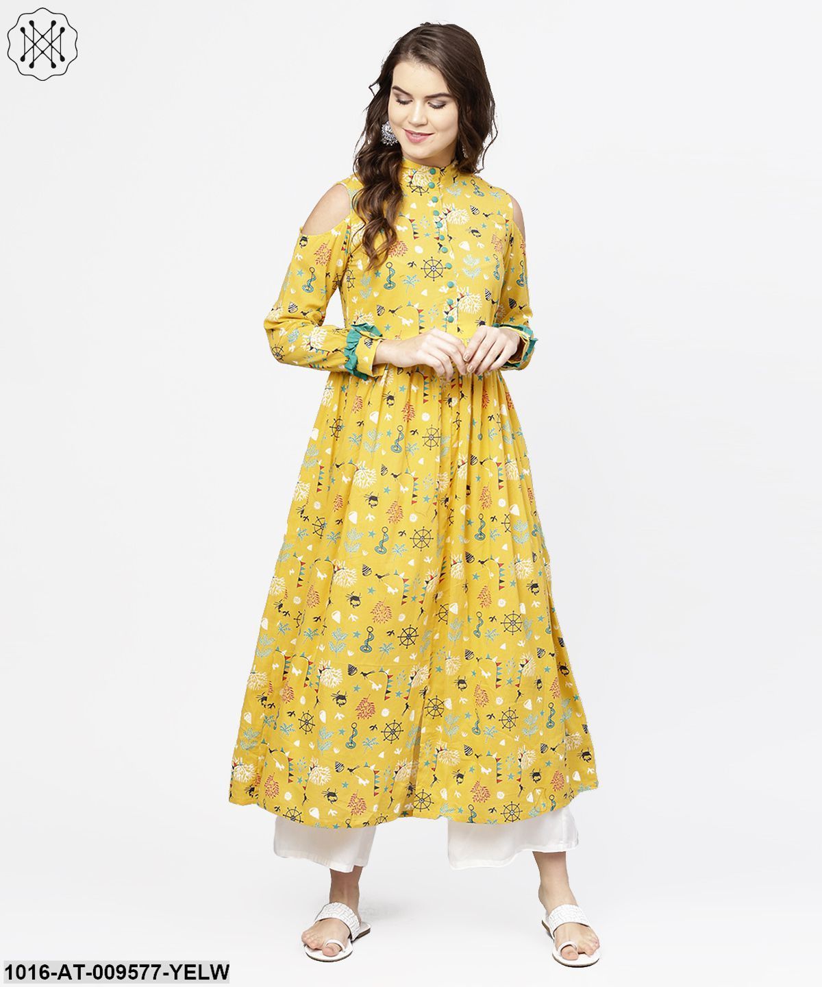 Yellow Printed 3/4Th Cold Shoulder Sleeve Cotton Kurta