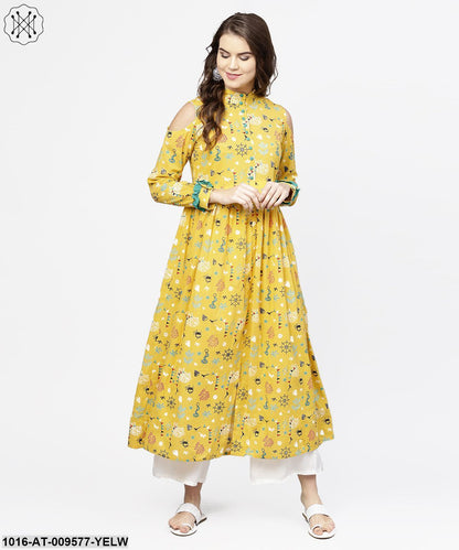 Yellow Printed 3/4Th Cold Shoulder Sleeve Cotton Kurta