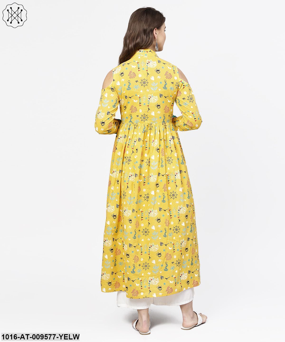 Yellow Printed 3/4Th Cold Shoulder Sleeve Cotton Kurta