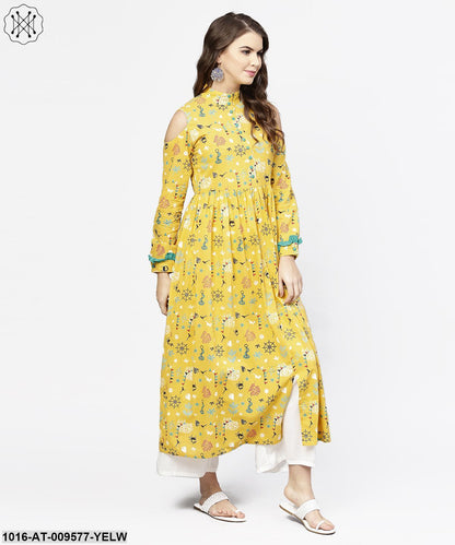 Yellow Printed 3/4Th Cold Shoulder Sleeve Cotton Kurta