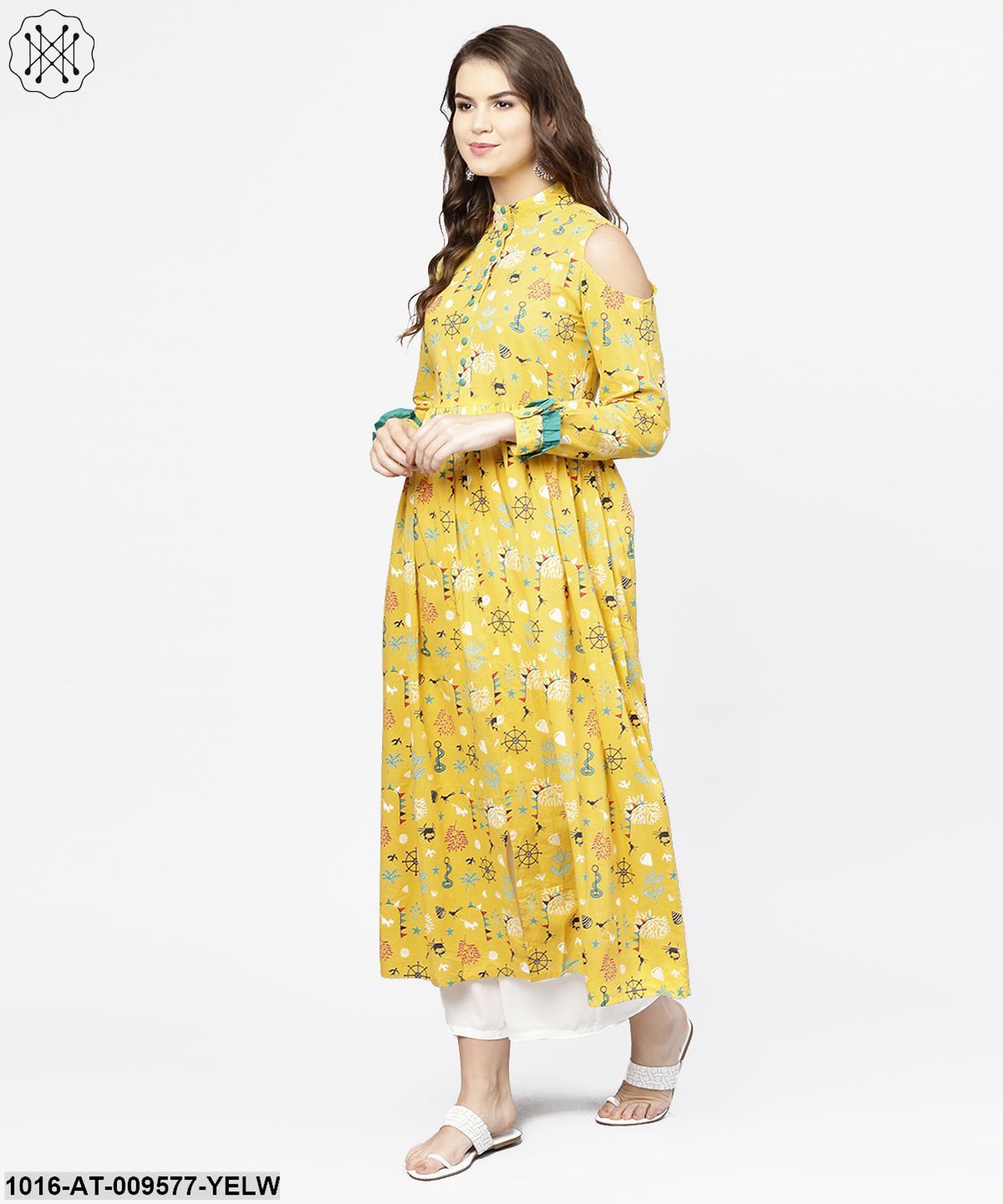 Yellow Printed 3/4Th Cold Shoulder Sleeve Cotton Kurta