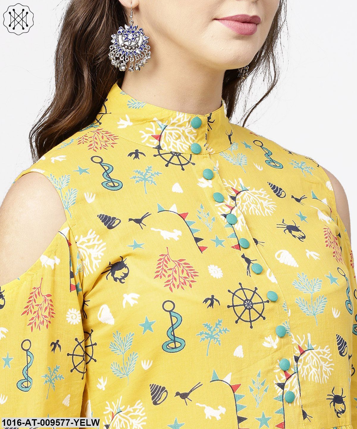 Yellow Printed 3/4Th Cold Shoulder Sleeve Cotton Kurta