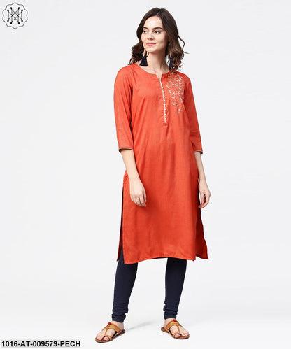 Peach Embroidery 3/4Th Sleeve Rayon Kurta