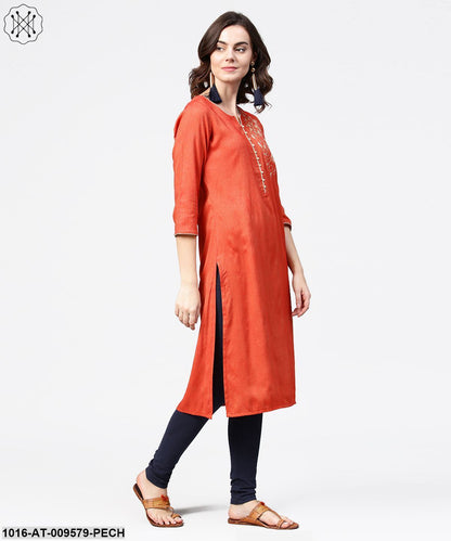 Peach Embroidery 3/4Th Sleeve Rayon Kurta