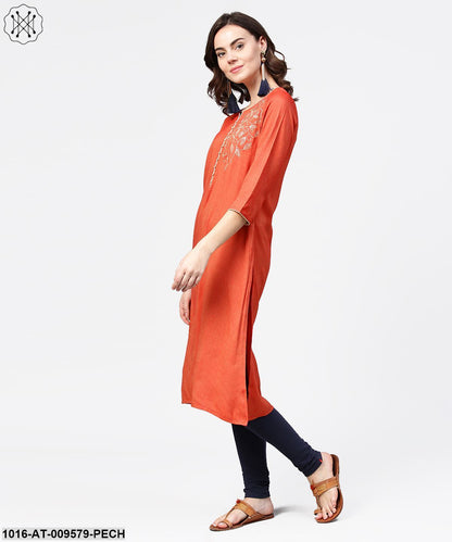 Peach Embroidery 3/4Th Sleeve Rayon Kurta