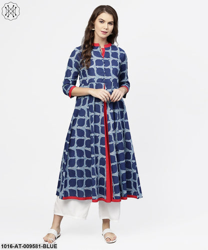 Blue Printed 3/4Th Sleeve Cotton Anarkali Kurta