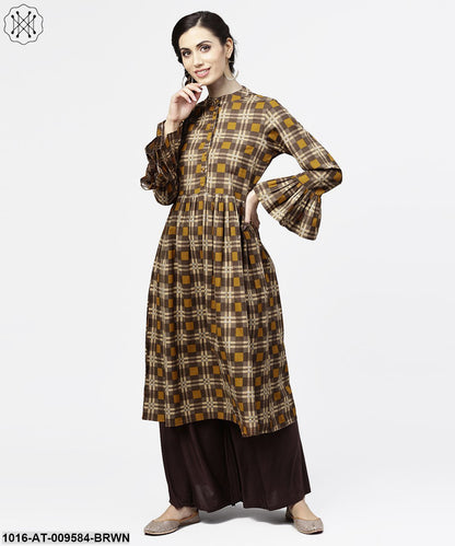 Coffee Brown & Yellow Full Sleeve Cotton Anarkali Kurta