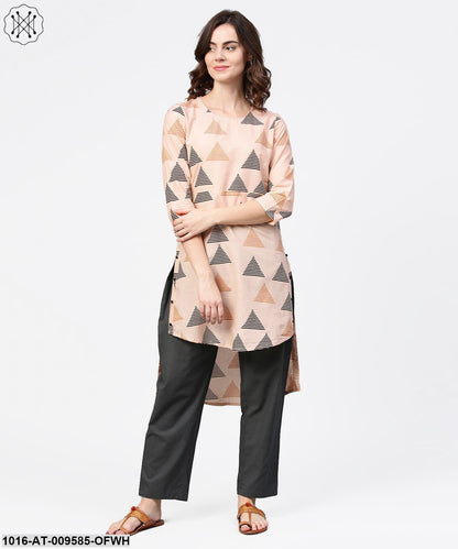 Off White Printed 3/4Th Sleeve Cotton Low High Kurta