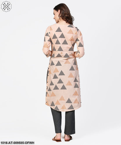Off White Printed 3/4Th Sleeve Cotton Low High Kurta