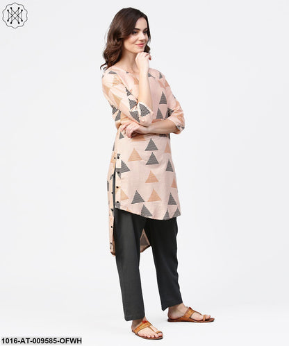 Off White Printed 3/4Th Sleeve Cotton Low High Kurta