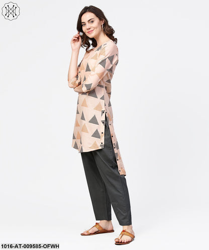 Off White Printed 3/4Th Sleeve Cotton Low High Kurta